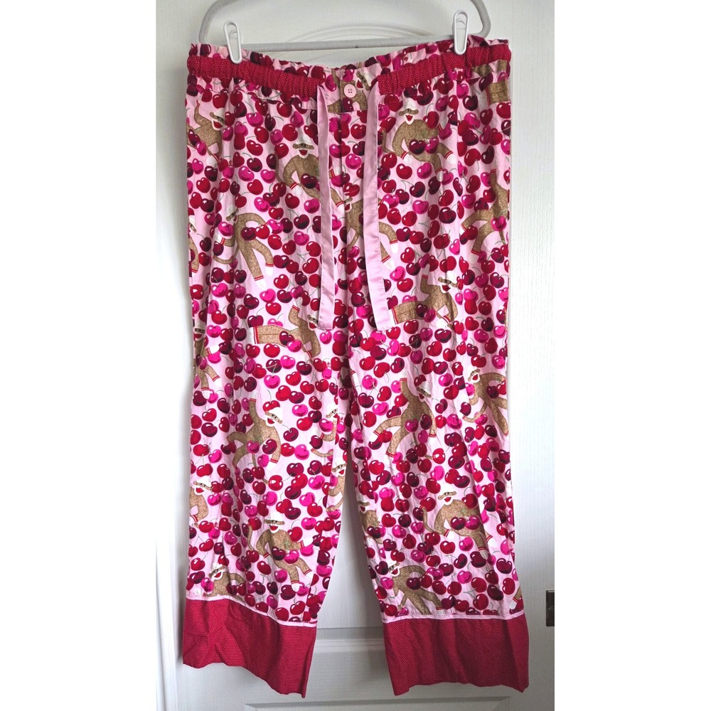 Nick & Nora Pink Cherry Sock Monkey Pajama Pants Sz XXL Cotton Flannel Sleepwear